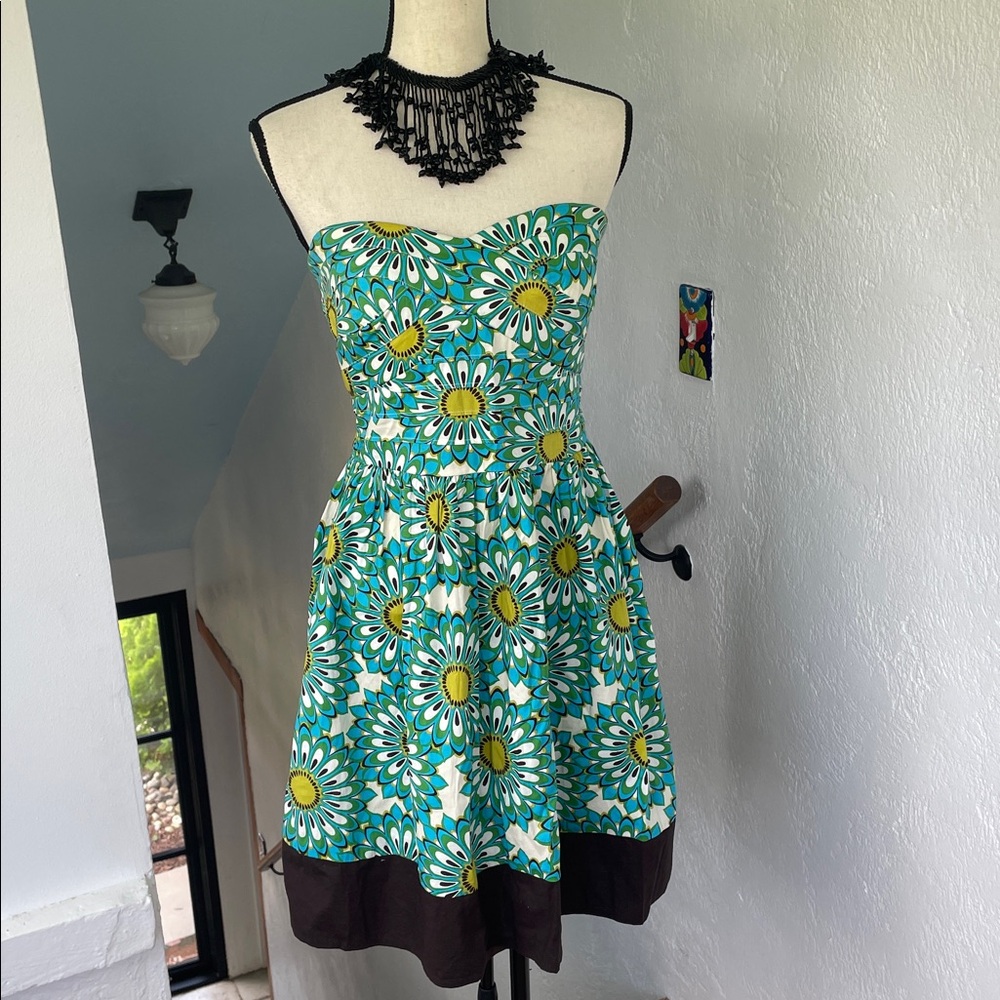 Trixxi‎ Dress, Turquoise Yellow Blooms, Strapless Retro Corset Style Dress - 9